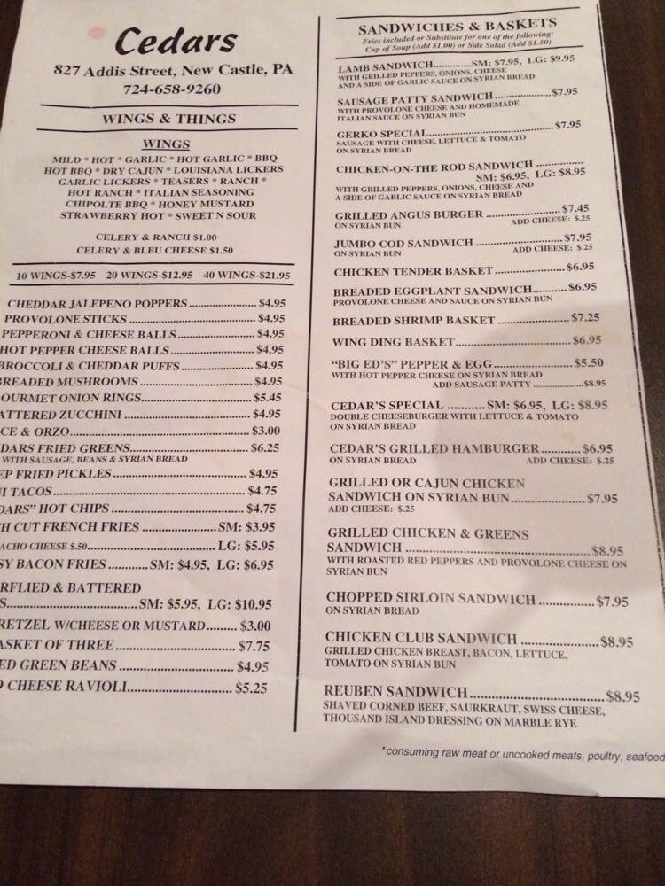 Menu at Cedars restaurant, New Castle
