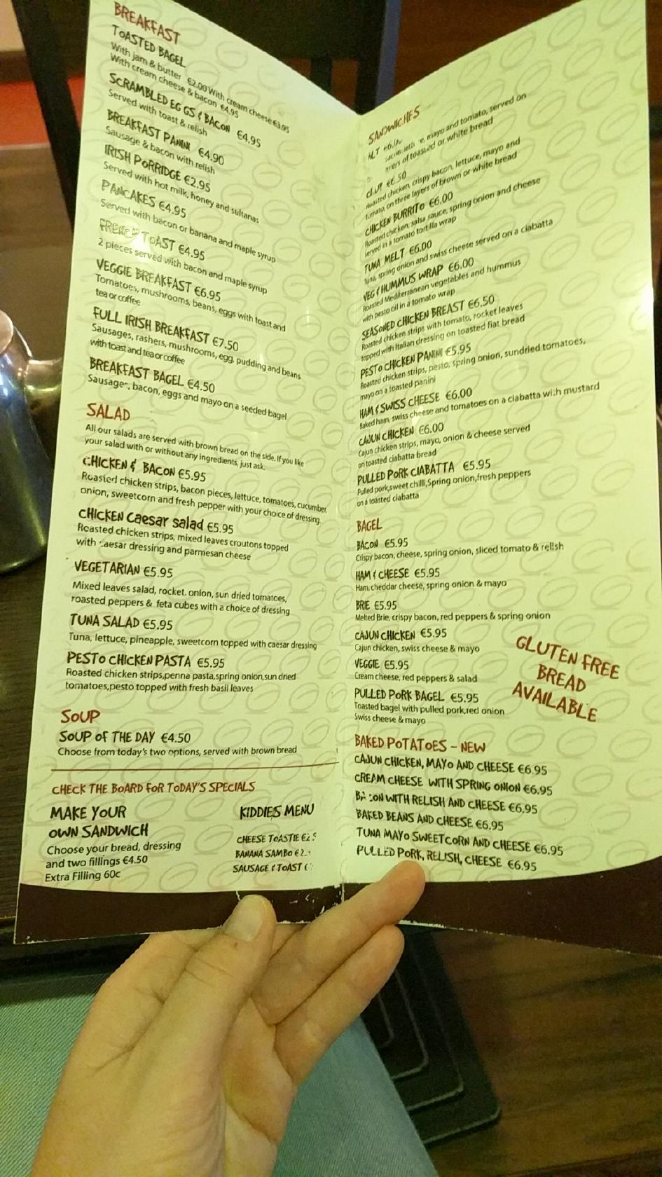 Menu at The Galway Roast cafe, Tuam