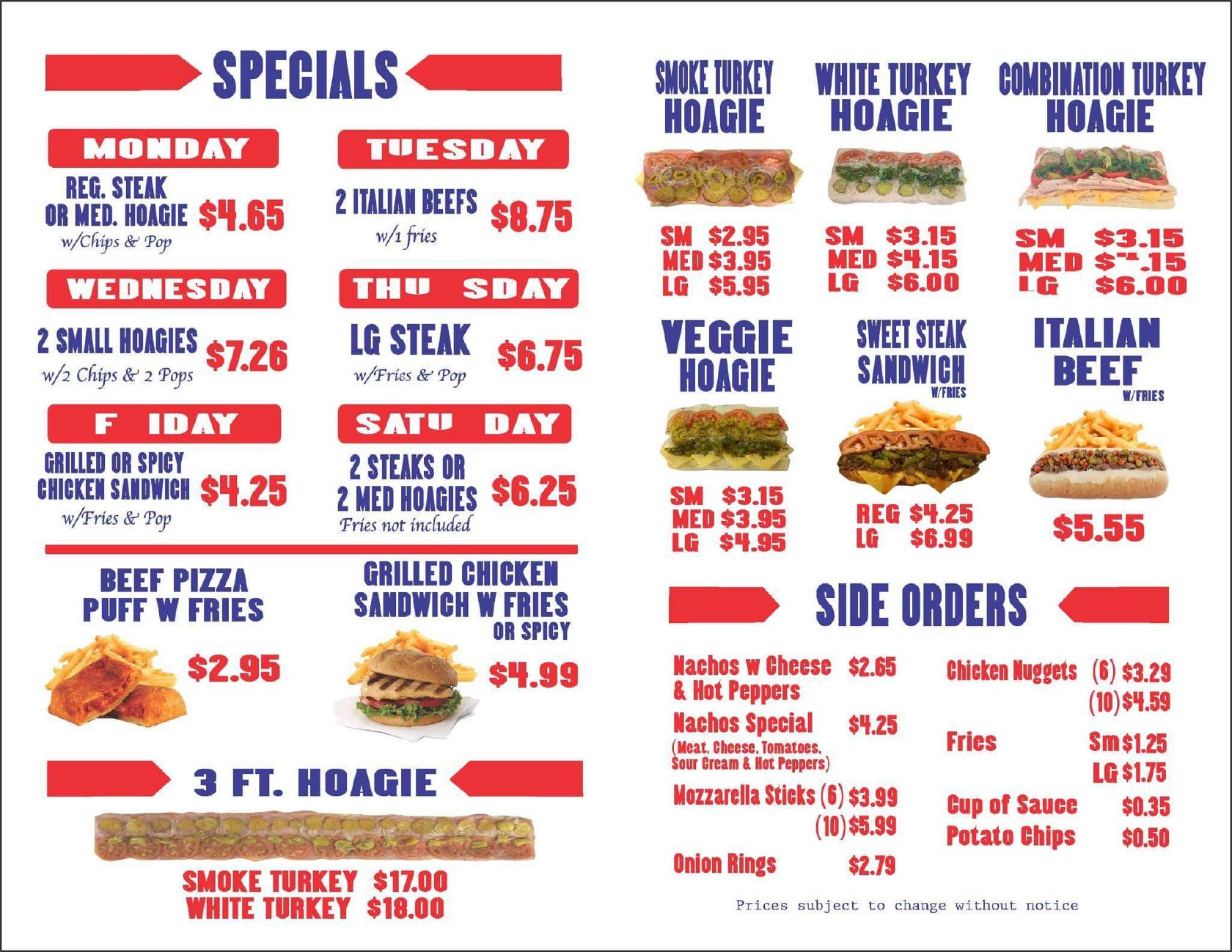 Menu at The Hoagie Place restaurant, Chicago