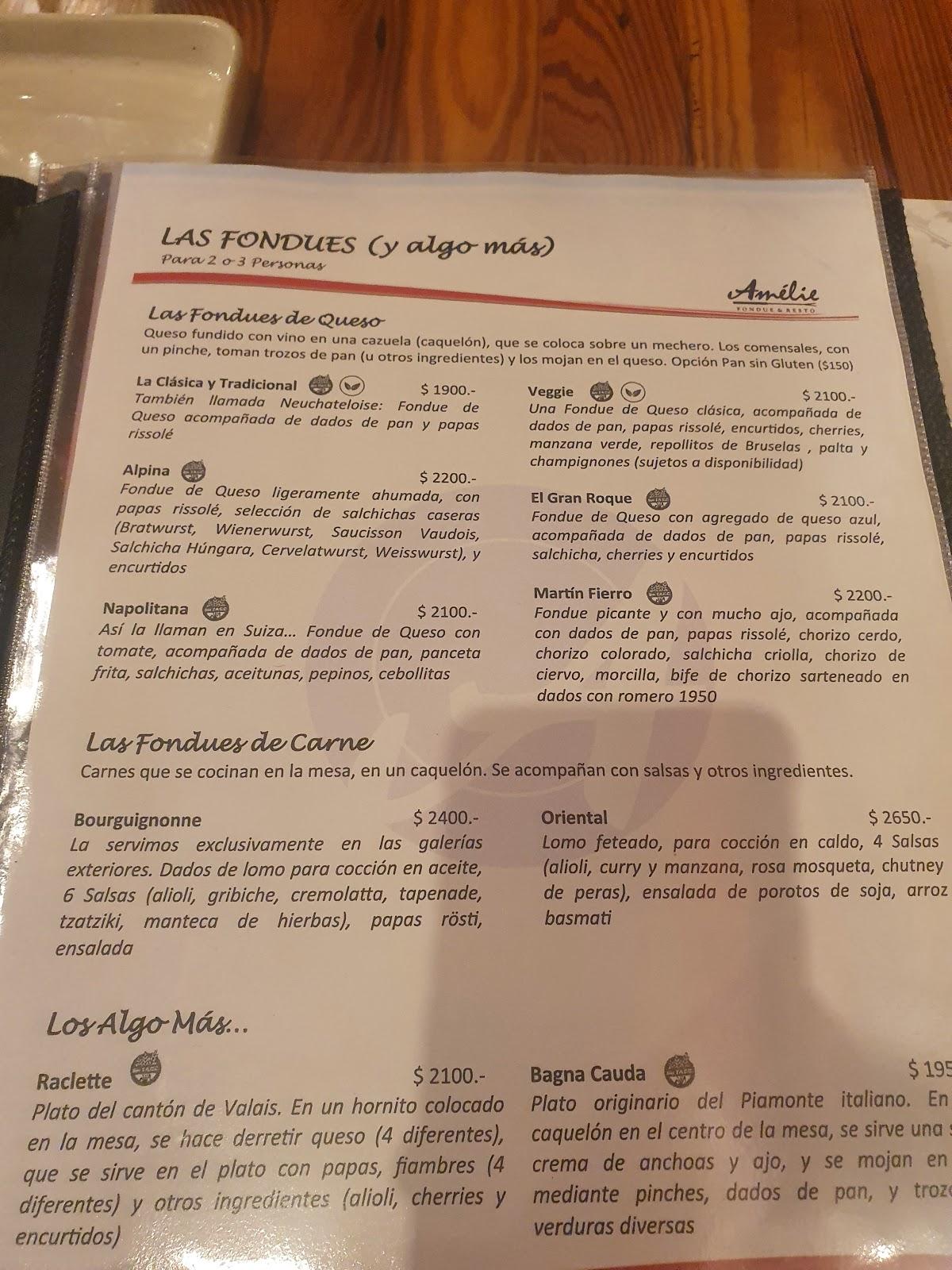 Menu at Amélie fondue y restó restaurant, Villa La Angostura