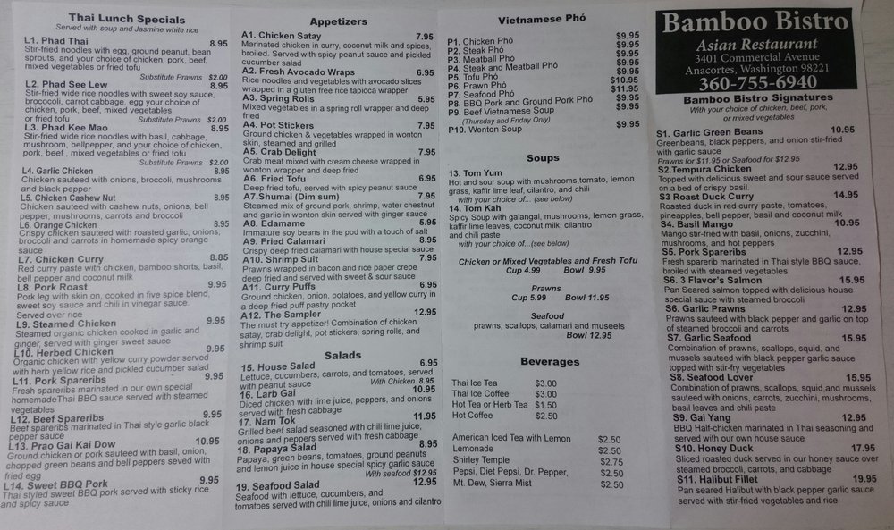 Menu at Bamboo Bistro restaurant, Anacortes, Commercial Ave