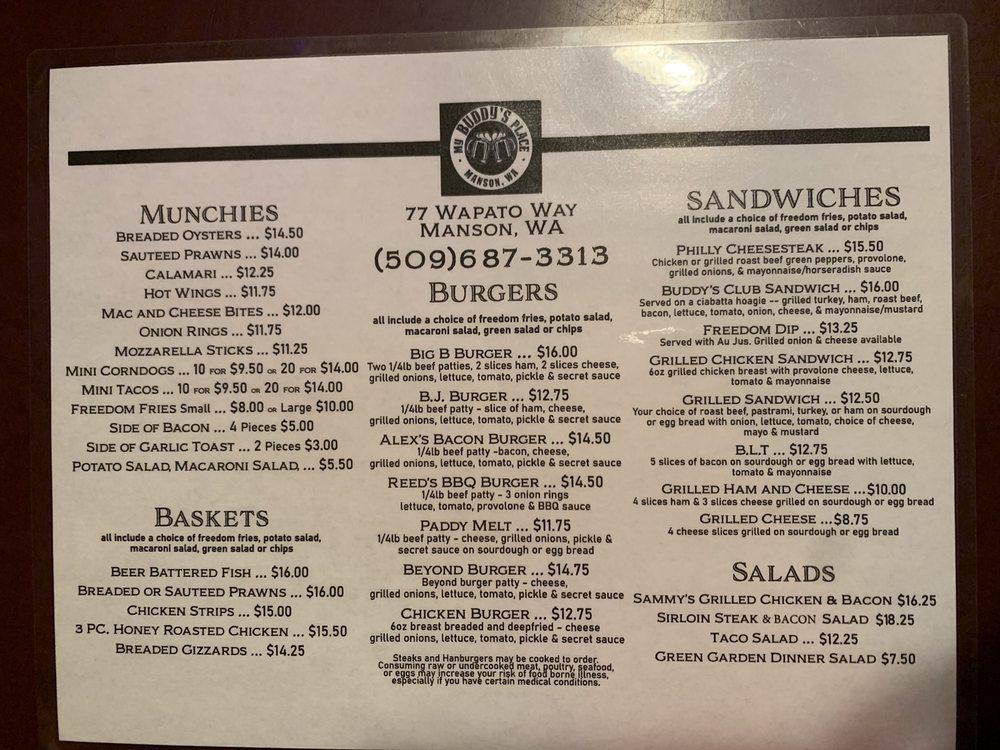 Menu at Buddy's Place pub & bar, Manson