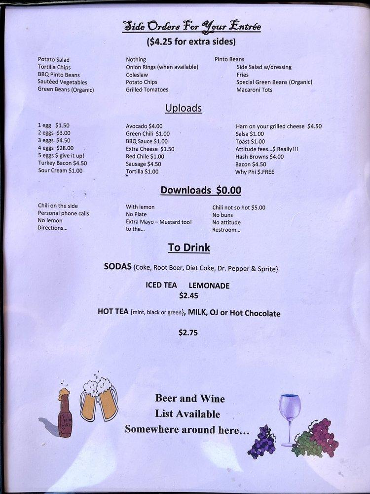Menu at Placitas Cafe, Placitas