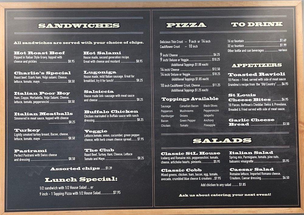 Menu at Charlie's On The Hill pizzeria, St. Louis