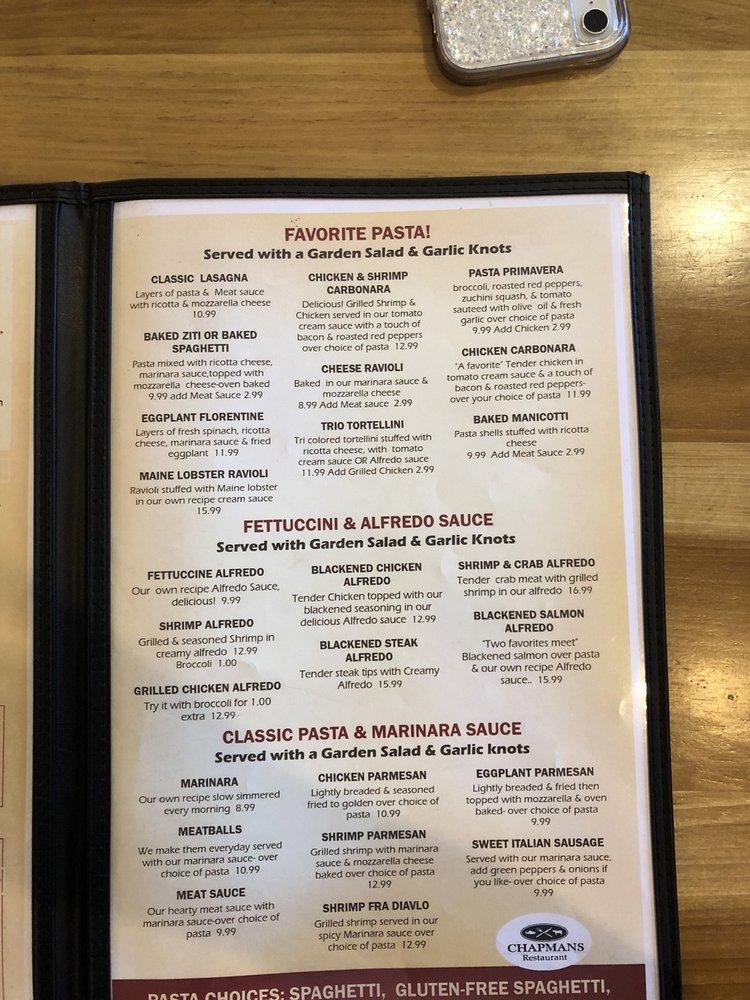 Menu at Chapmans Restaurant, Seymour