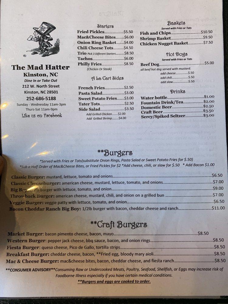 Menu at The Mad Hatter restaurant, Kinston