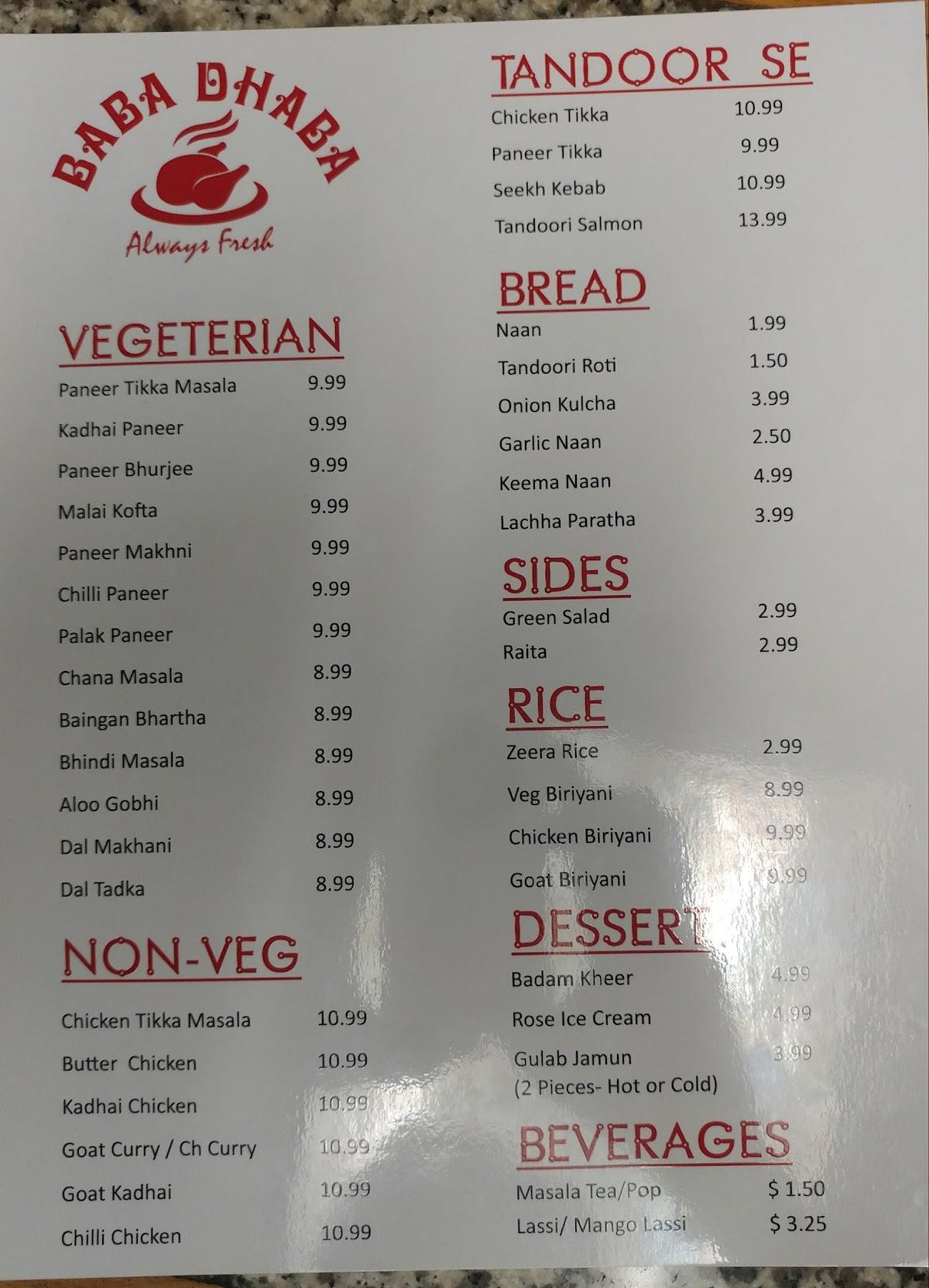 Menu at Baba Dhaba restaurant, Brampton, 255 Rutherford Rd S