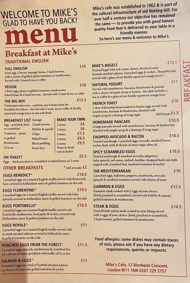 Menu at Mike's Cafe, London