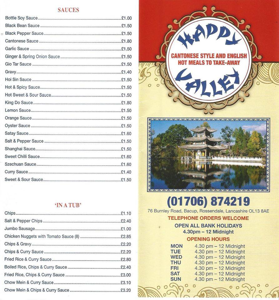 Menu at Happy Valley Chinese Takeaway restaurant, Bacup
