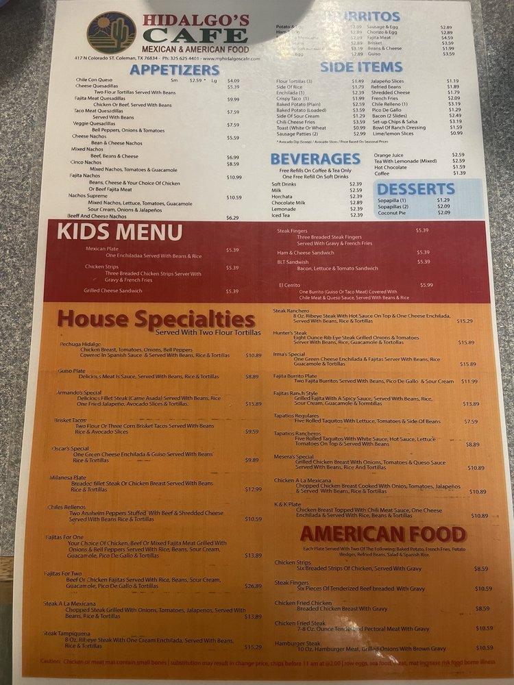 Menu at Hidalgo's Cafe, Coleman