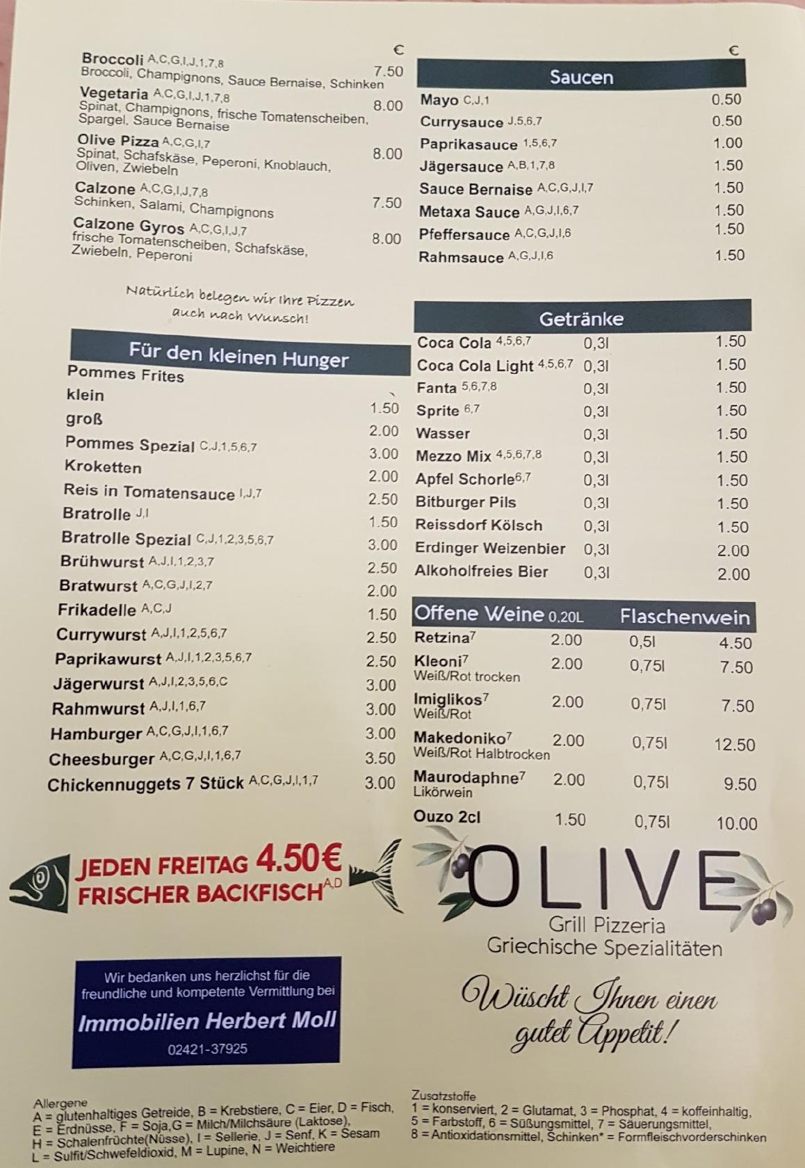 Speisekarte von Olive Grill Pizzeria Griechische Spezialitäten