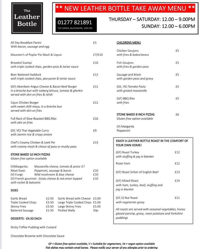 Menu At The Leather Bottle Blackmore Pub And Bar Ingatestone The Green 