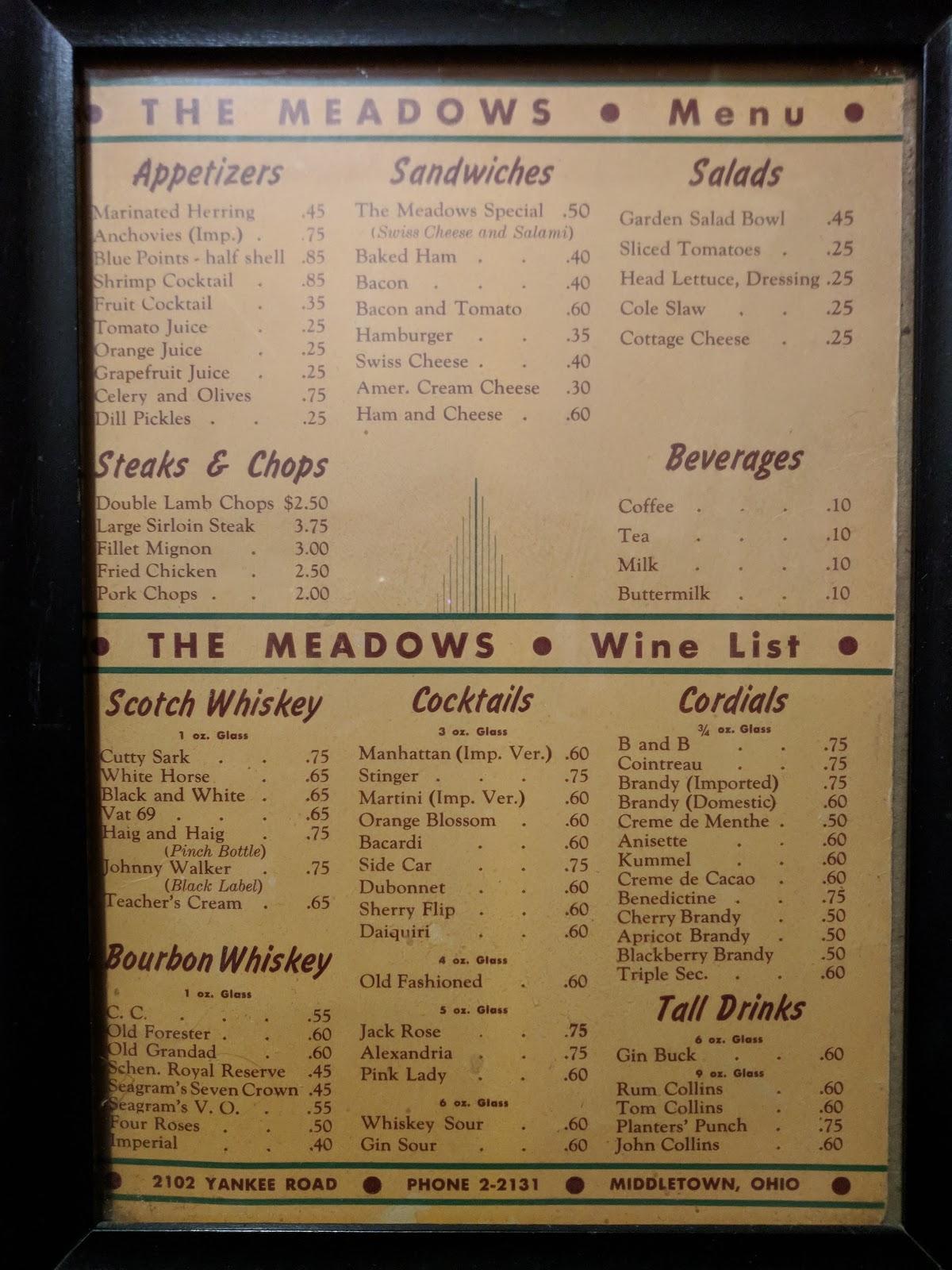 Menu at The Meadows restaurant, Middletown, Yankee Rd