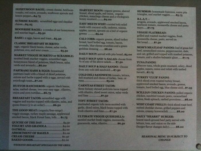 Menu at Honeymoon Cafe, Pismo Beach