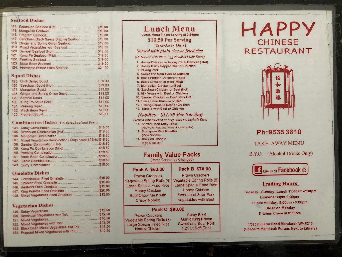 Menu at Happy Chinese Restaurant, South Yunderup