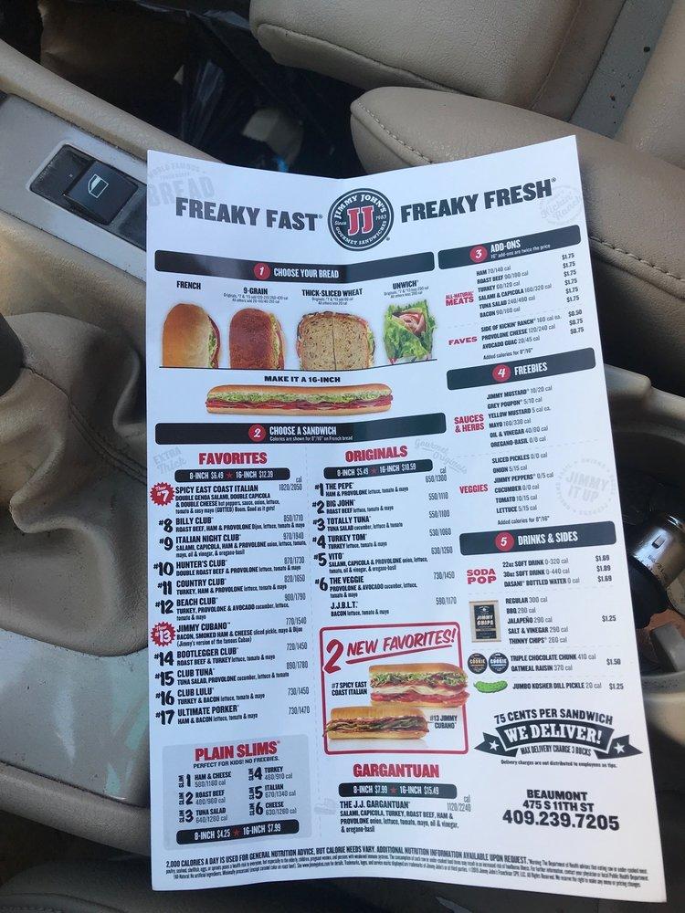 Menu at Jimmy John s fast food Beaumont 475 S 11th St