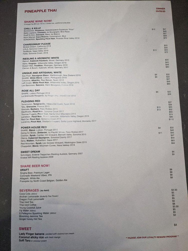 Menu at Pineapple Thai restaurant, Cupertino