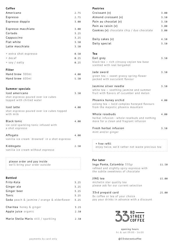 Menu at 33rd Street Coffee, Rotterdam