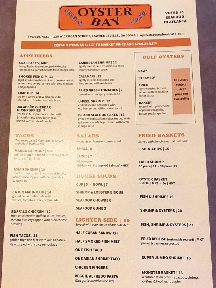Menu at Oyster Bay Seafood Cafe, Lawrenceville