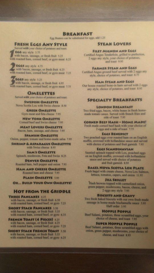 Menu at Sam's Diner restaurant, Tichigan