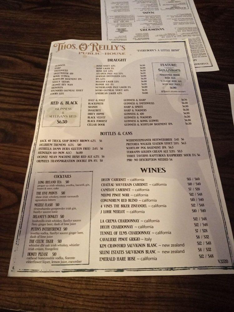 Menu At Thos O Reilly S Public House Sandy Springs 227 Sandy Springs Pl Ne Suite 416