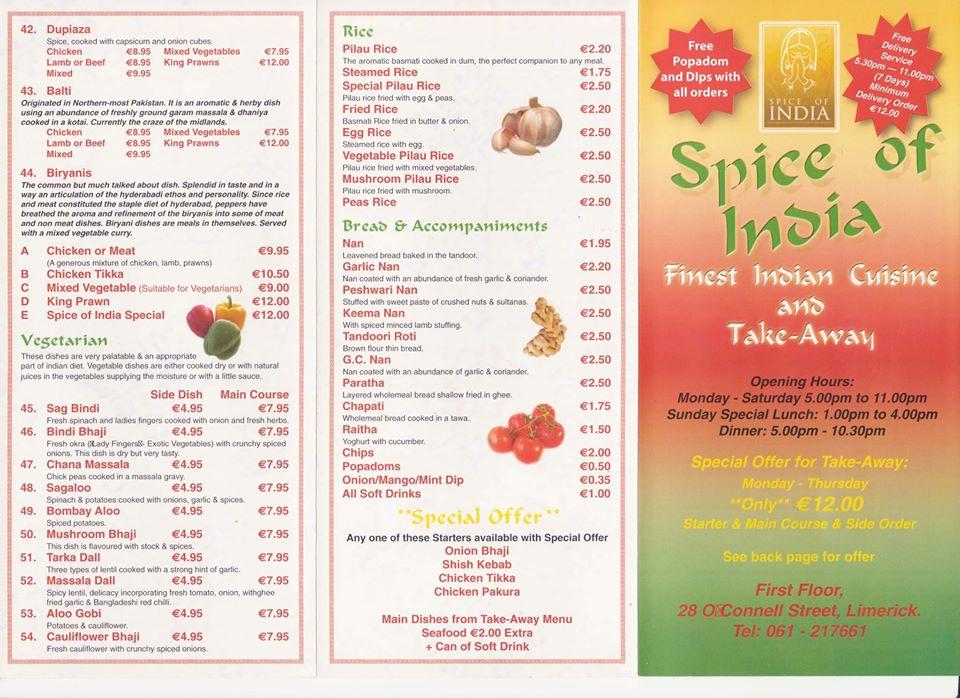 Menu at Spice of India restaurant, Limerick