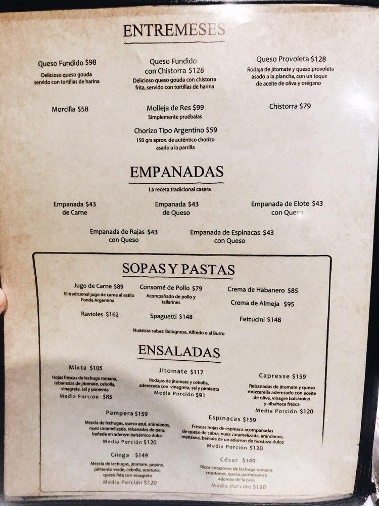 Menu at FONDA ARGENTINA TIJUANA restaurant, Tijuana, Blvd. Agua Caliente  10854