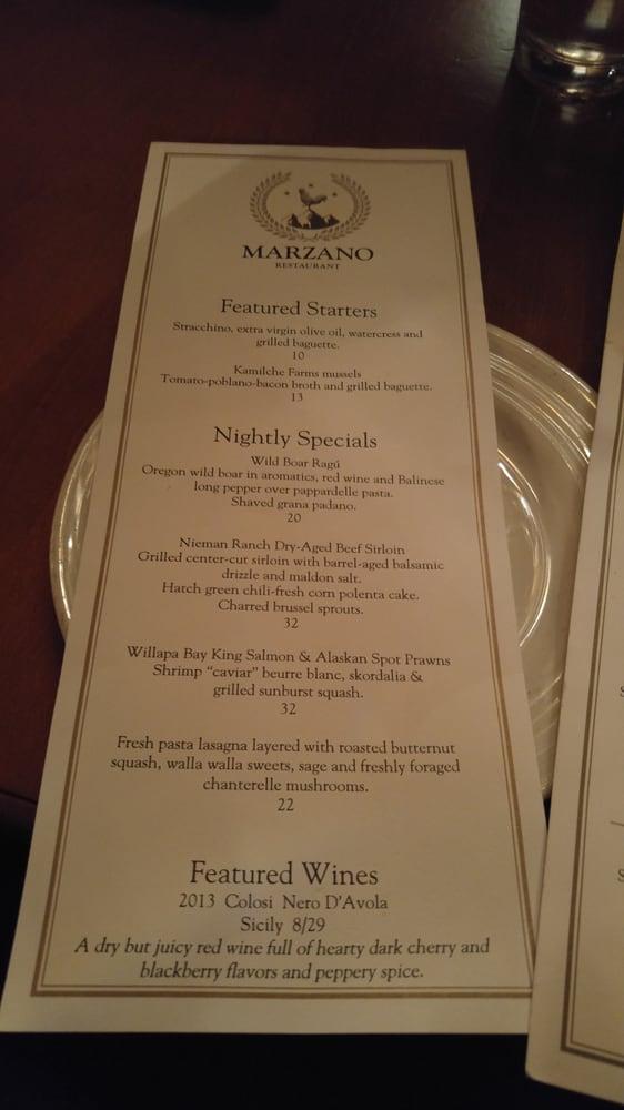 Menu at Marzano Italian Restaurant,