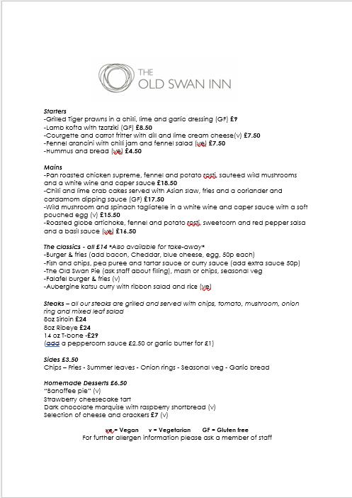 Menu at The Old Swan Inn pub & bar, Llantwit Major