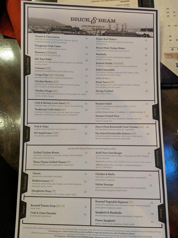 Menu at Brick & Beam pub & bar, San Francisco, 555 North Point St