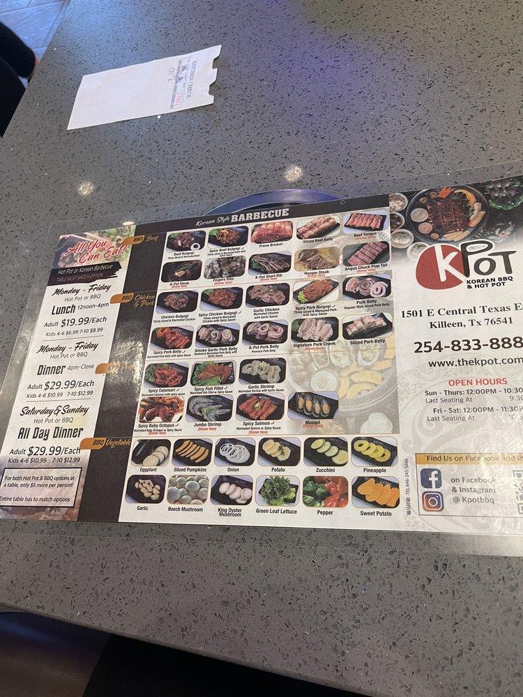 Menu at KPOT Korean BBQ & Hot Pot, Killeen
