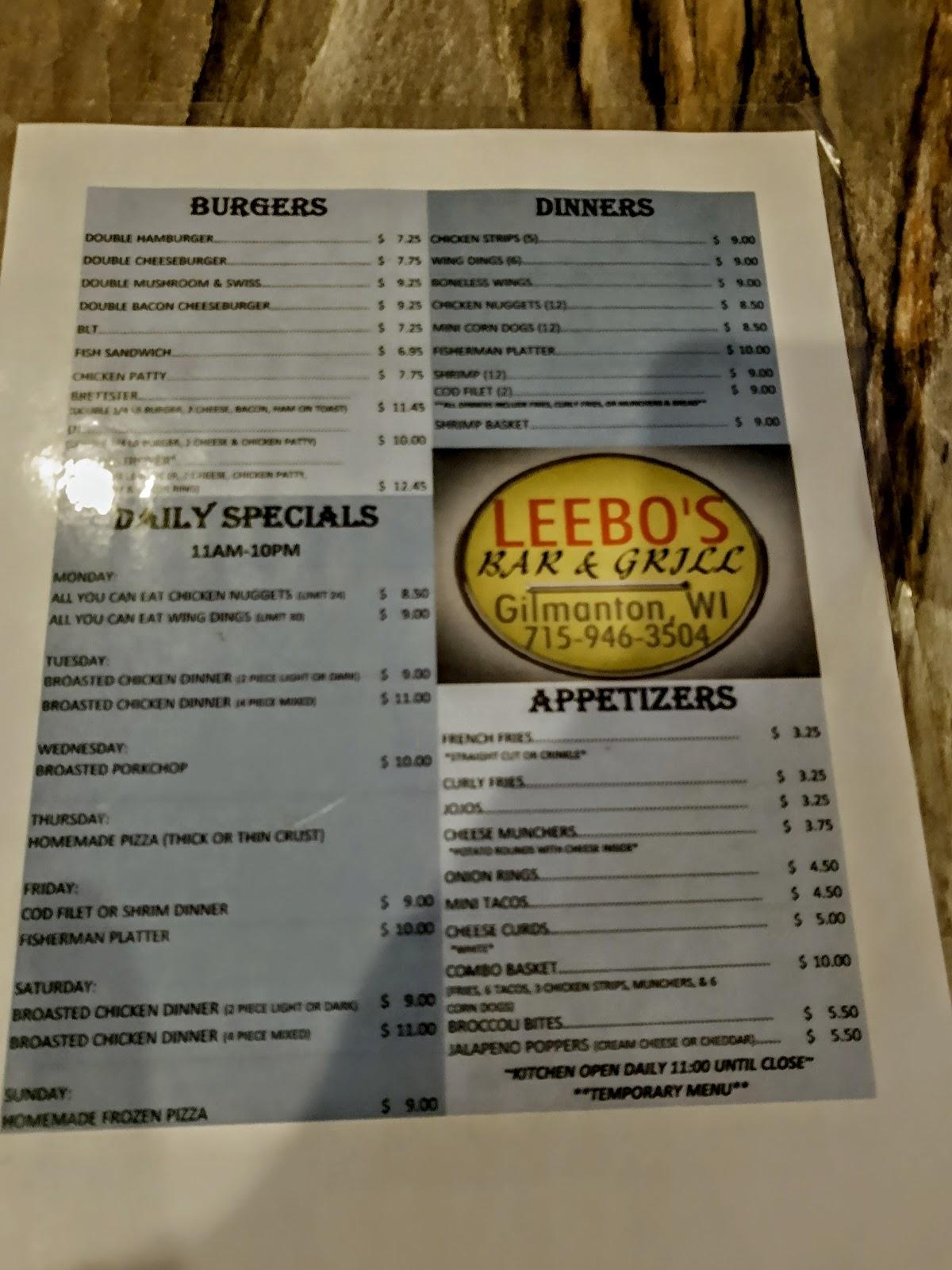 Menu at LeeBo's pub & bar, Gilmanton