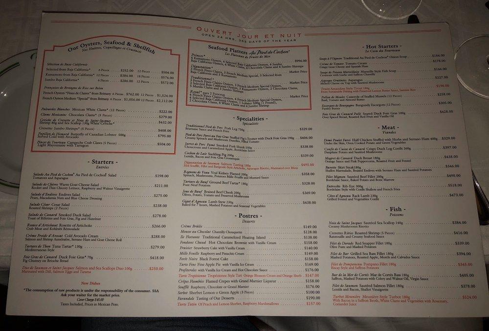 Carta del restaurante Au Pied del Cochon, Ciudad del México, the Presidente Intercontinental Hotel