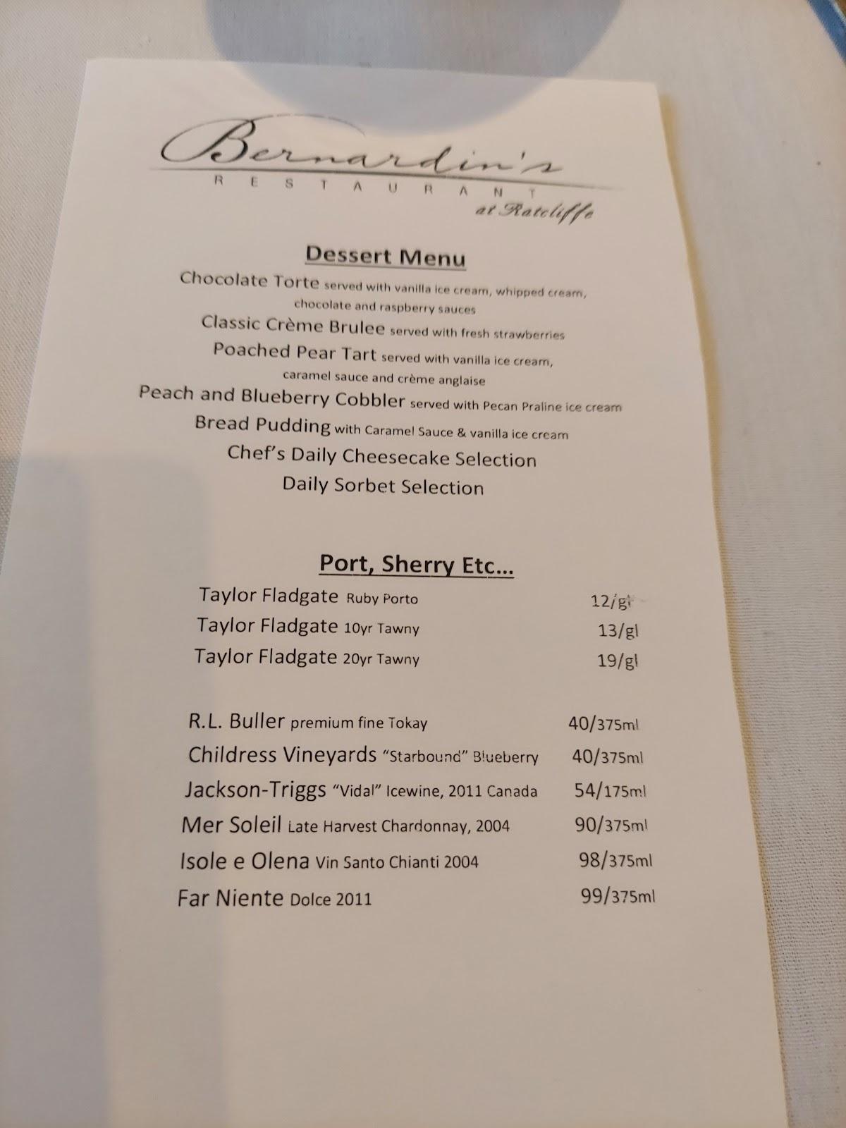 Menu at Bernardin's Restaurant At Ratcliffe, Charlotte