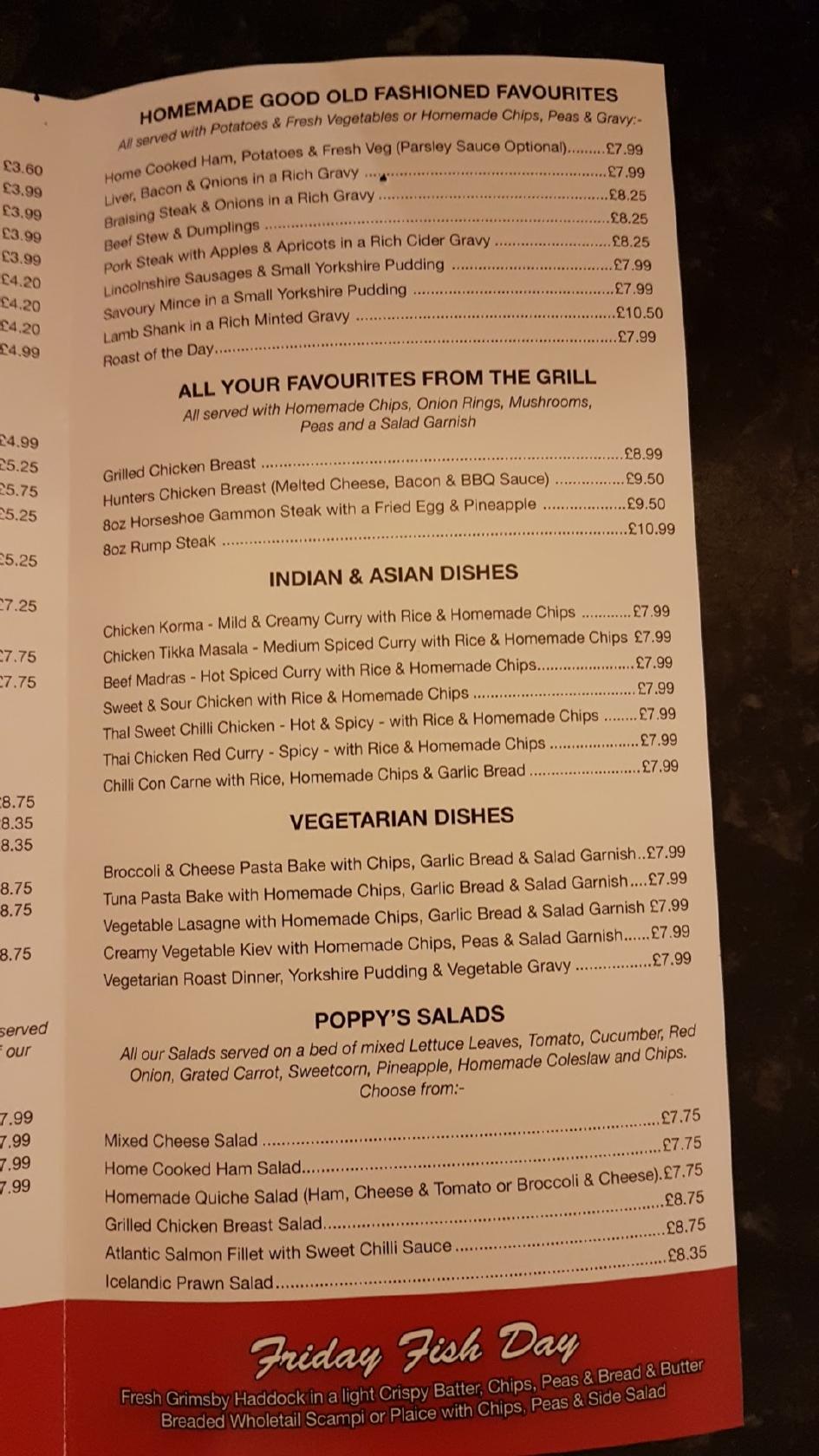 Menu at Poppy's Restaurant, Skegness