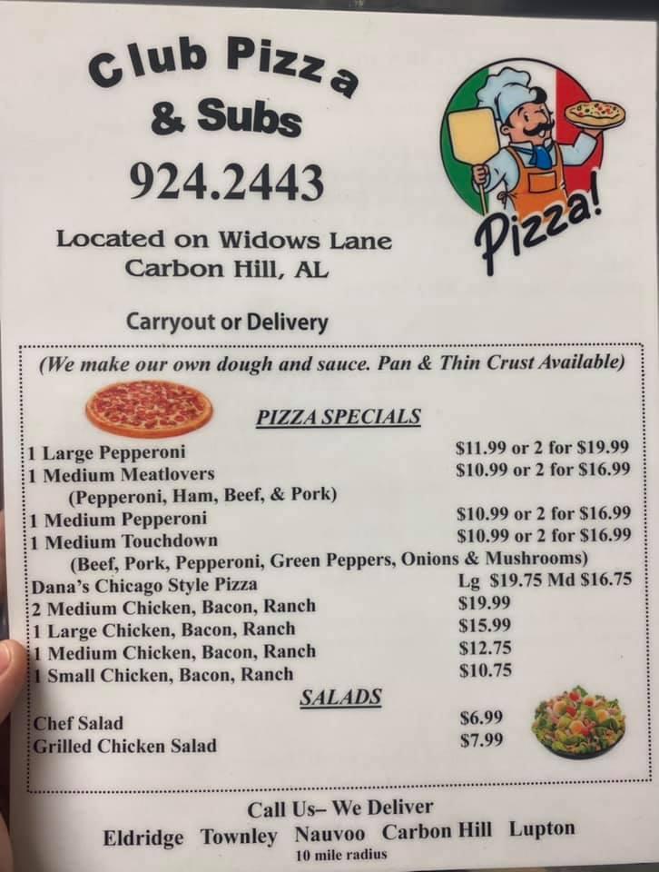 Menu at Club Pizza, Carbon Hill, 166 NE 7th St