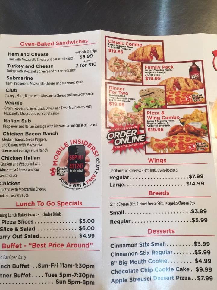 Menu at Simple Simon's Pizza pizzeria, Beebe