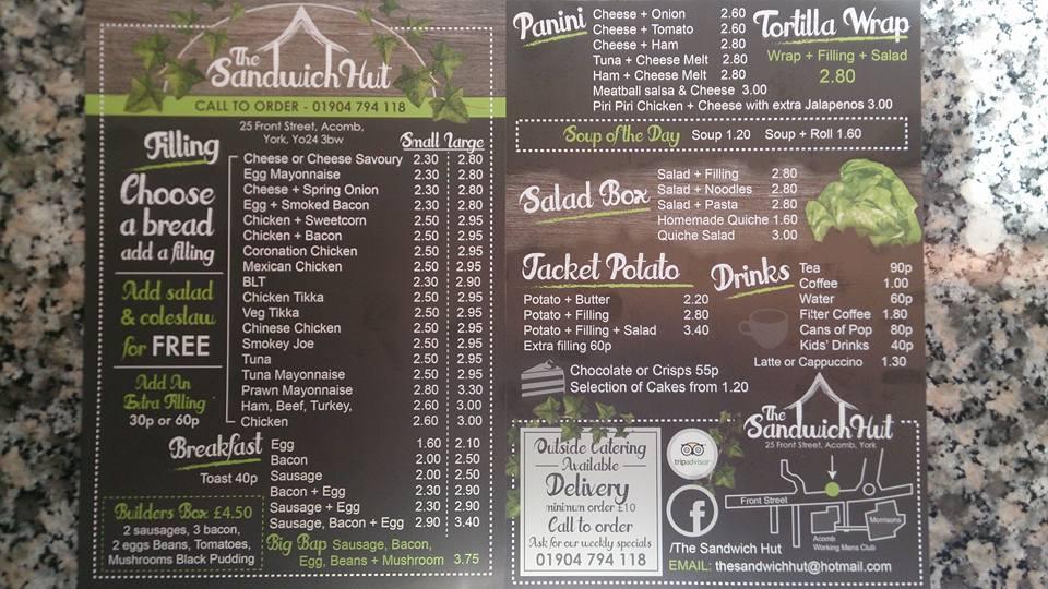 Menu at The Sandwich Hut cafe, York