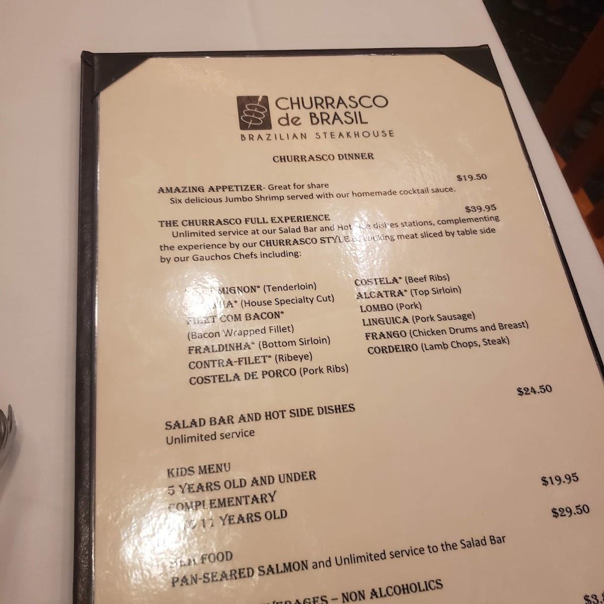 Menu at Churrasco de Brasil Brazilian Steakhouse, Tucson