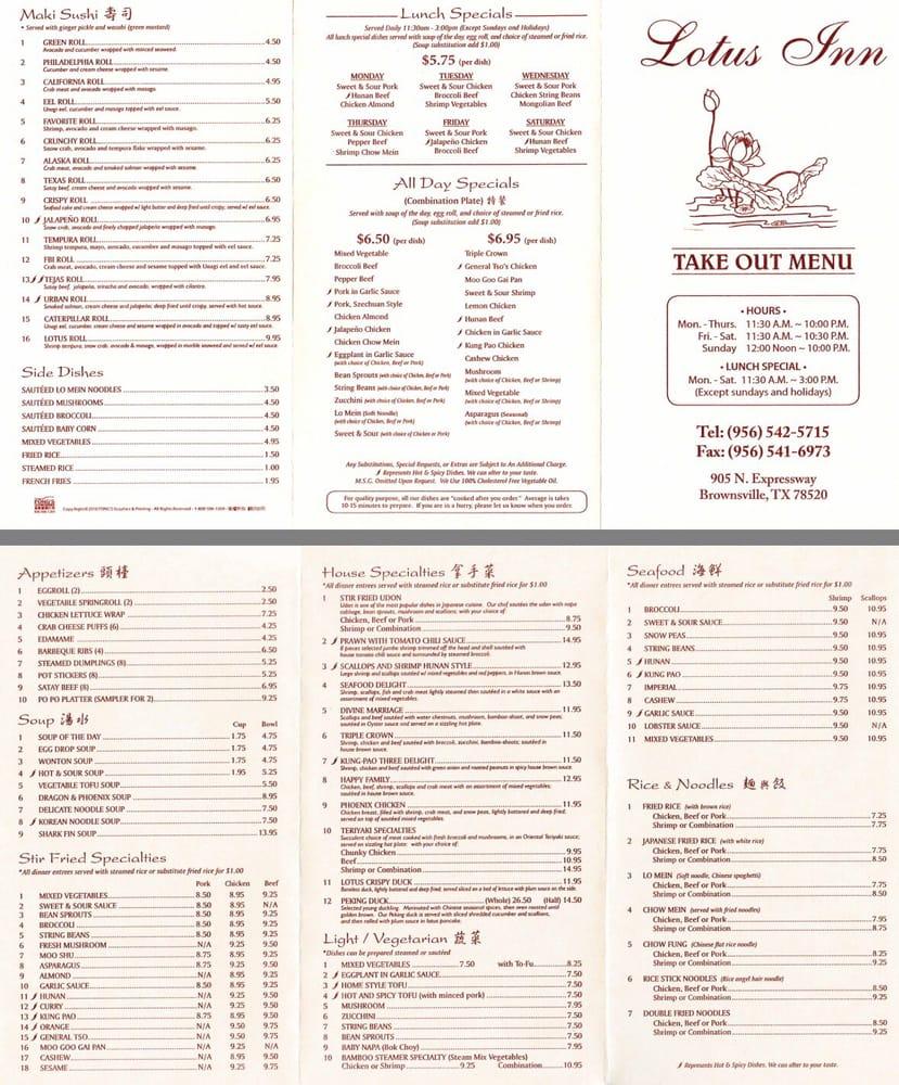 Menu At Lotus Inn Restaurant Brownsville 905 North Expy