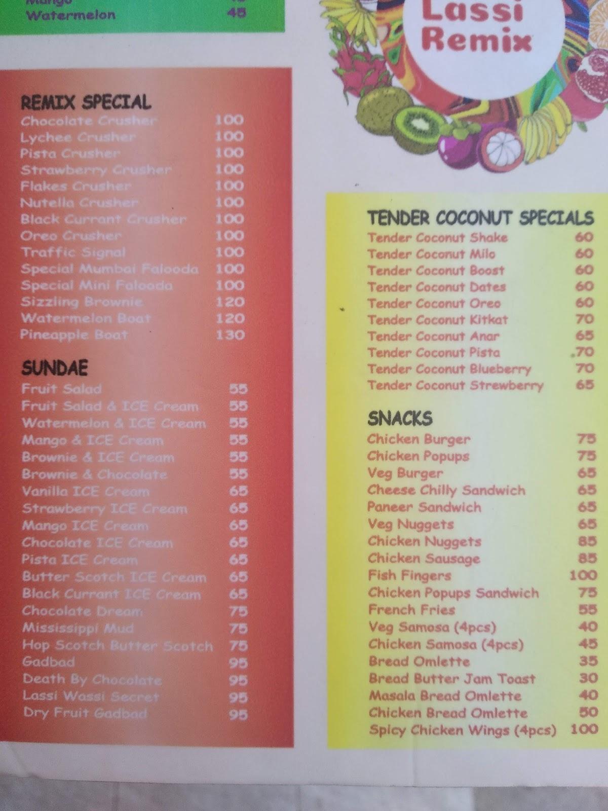 Menu at Lassi Remix, Chennai