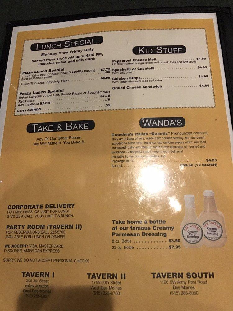 Menu at Tavern Pizza & Pasta Grill pizzeria, West Des Moines, 50th St