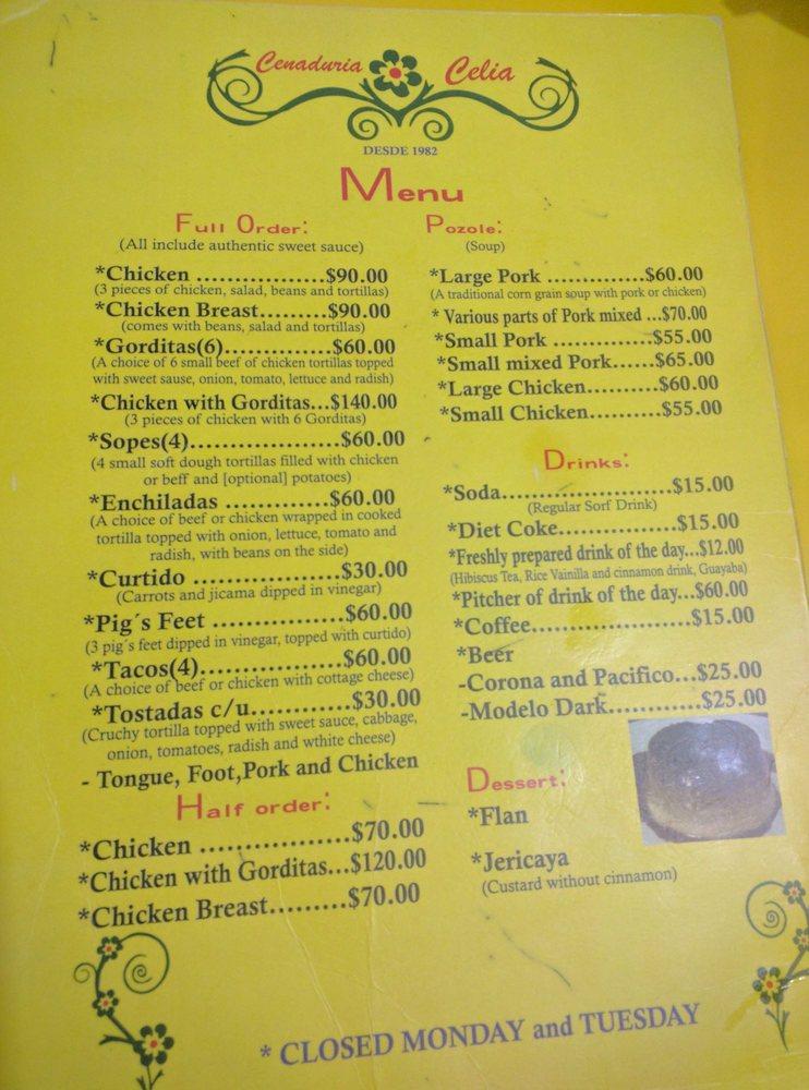 Menu at Cenaduria Celia restaurant, Puerto Vallarta, Lázaro Cárdenas 506