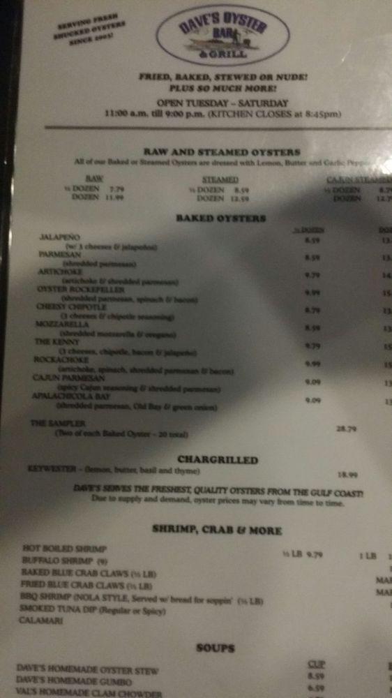 Menu at Dave's Oyster Bar and Grill, Pensacola Beach, Gulf Breeze Pkwy