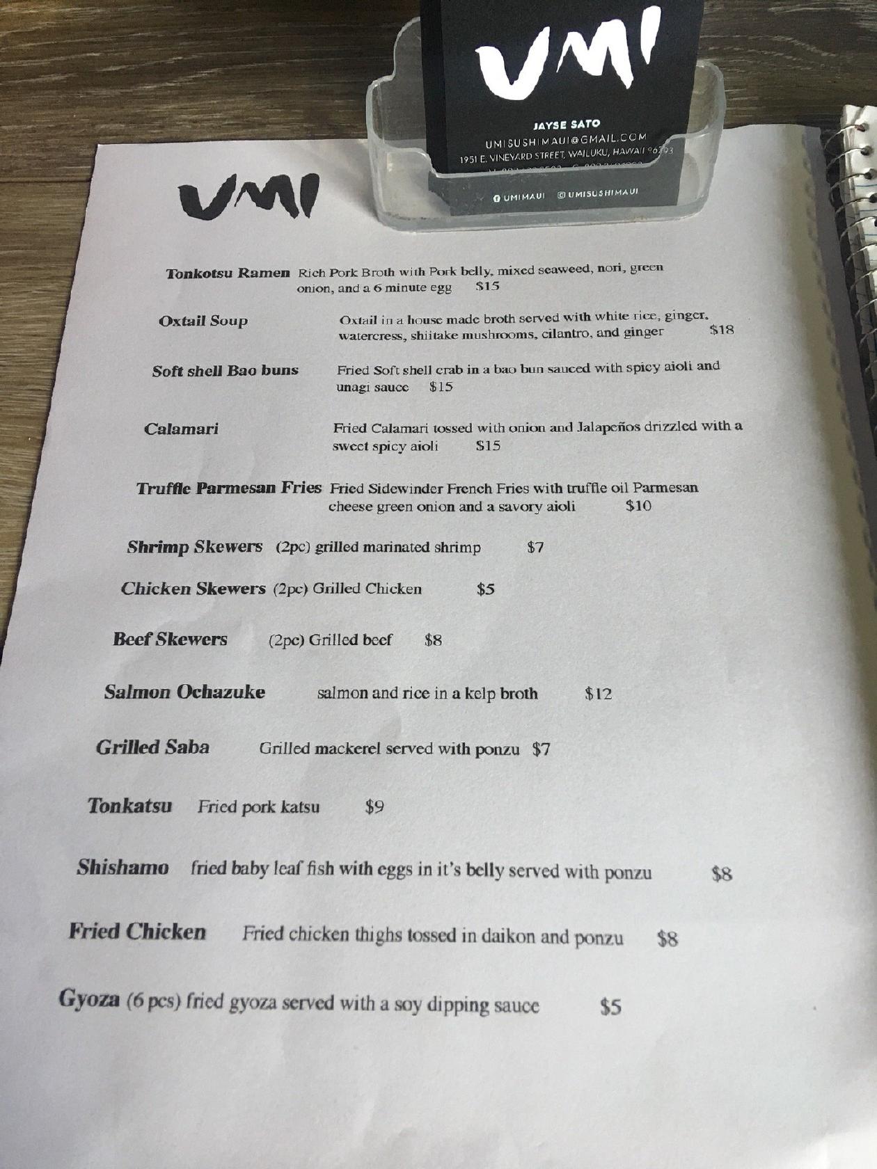 Menu at Umi Maui restaurant, Wailuku, E Vineyard St 1714