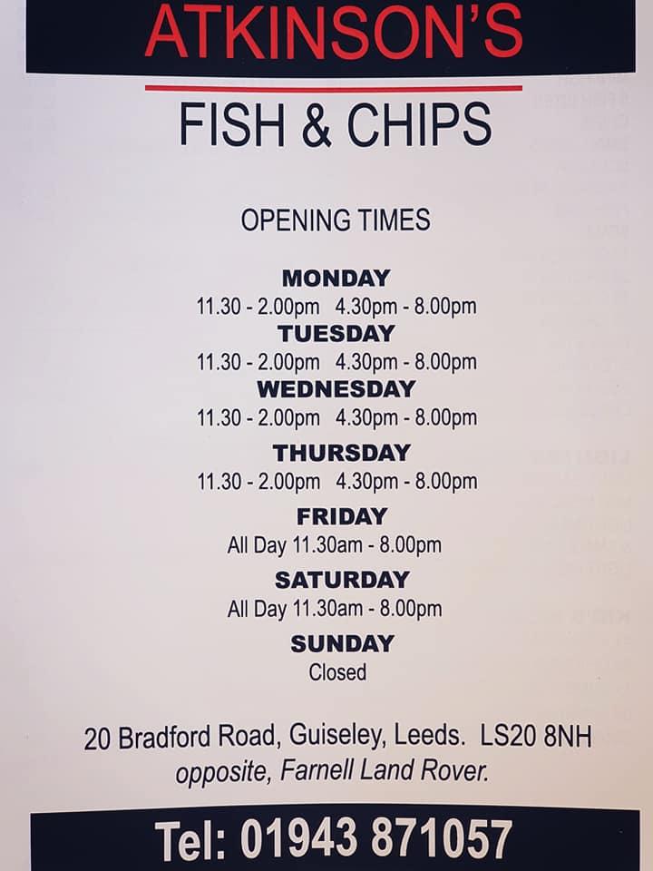 Menu at Atkinson s fish and chips restaurant Leeds