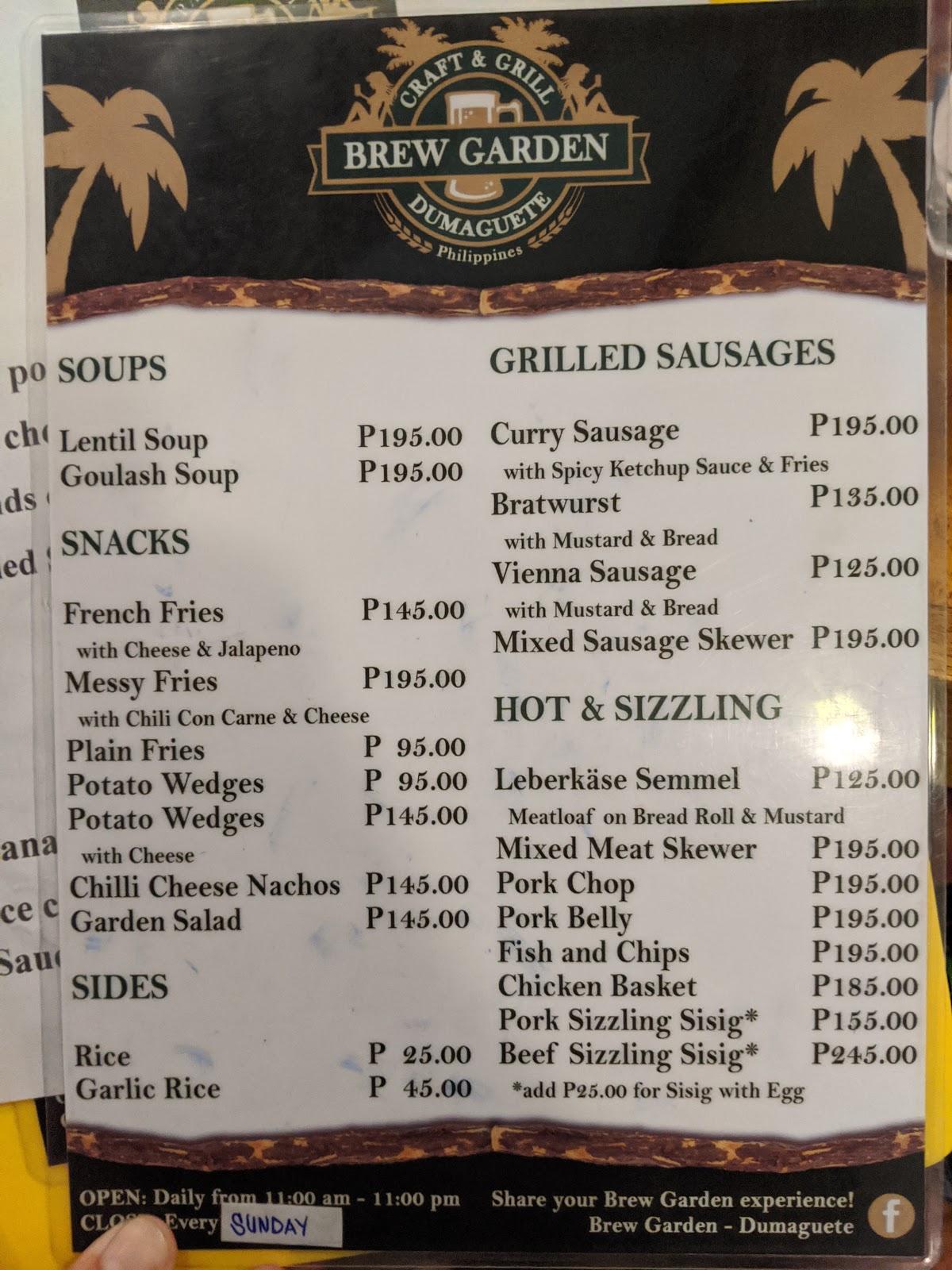 Menu at Brew Garden Craft Beer restaurant, Dumaguete