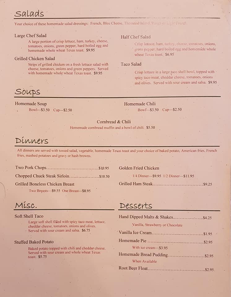 Menu at Corner Store and Restaurant, Backus