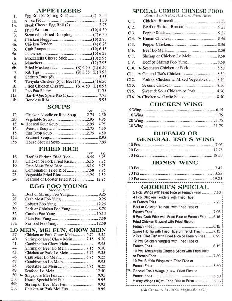 Menu at Goodies restaurant, Bryans Road