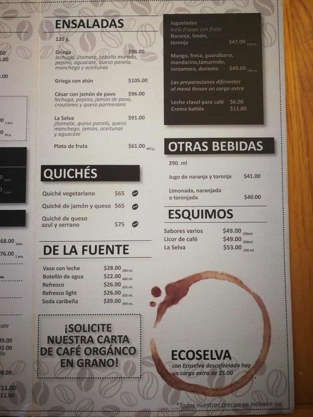 Menu at La Selva Café, Mexico City, Av. Miguel Ángel de Quevedo 115